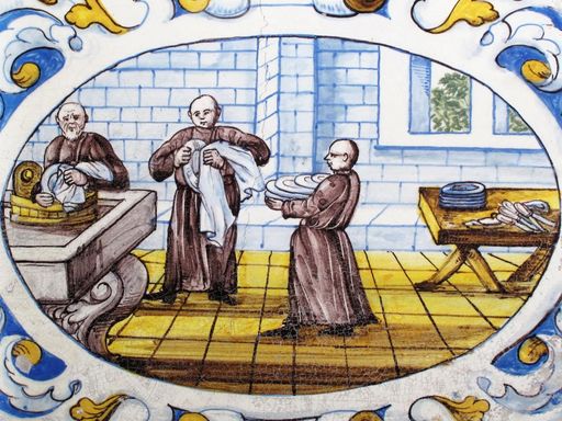 Kloster und Schloss Salem, Detail des Kachelofens im Speisesaal, Mönche beim Abwasch