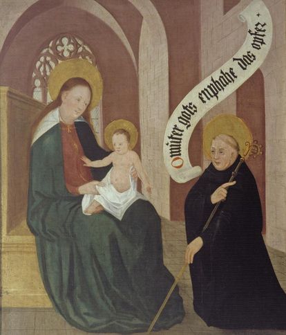 Bernhard von Clairvaux kniet vor der thronenden Muttergottes mit Kind und empfiehlt die Kirche als Opfer, linke Innenseite des Flügels der Stiftungstafel, Öl auf Holz, 1450