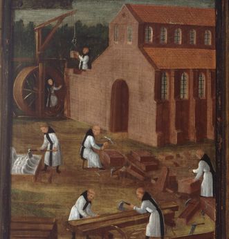 Zisterzienser (in weißer Mönchskutte) beim Bau der Kirche, linker Außenteil des Flügels der Stiftungstafel, Öl auf Holz 1450