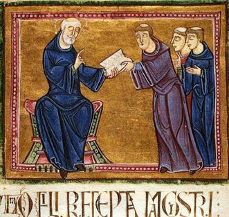Hl. Benedikt übergibt seine Regel, frz. Miniatur aus einem Manuskript der Regula Benedicti, Abtei Saint-Gilles, 1129