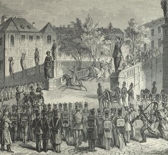 Ausbruch der Revolution in Rastatt 1848, Holzstich, spätes 19. Jahrhundert