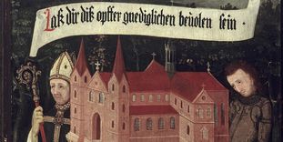 Bishop Gunther von Speyer and Sir Walter von Lomersheim appeal to Mary to accept the church as an offering, right inside of founders panel, oil on wood, 1450