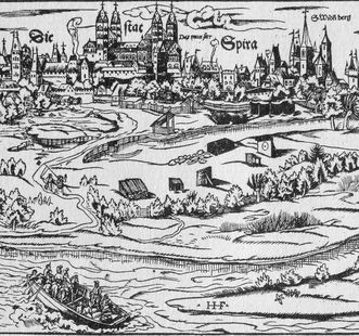 Ansicht von Speyer, Ausschnitt aus einem Holzschnitt aus Sebastian Münsters „Cosmographia universalis“, Basel 1550