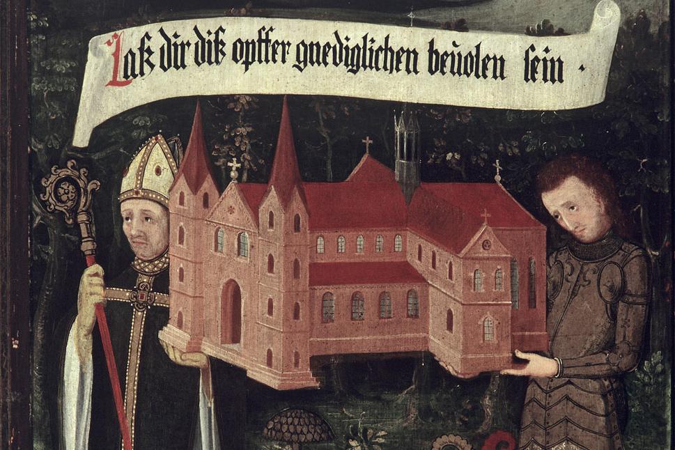 Bishop Gunther von Speyer and Sir Walter von Lomersheim appeal to Mary to accept the church as an offering, right inside of founders panel, oil on wood, 1450