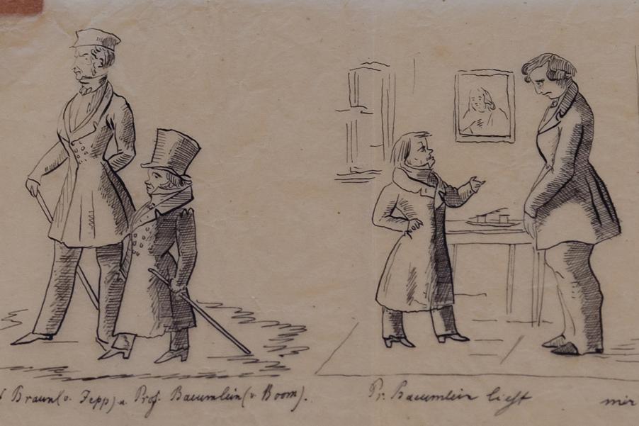 "Prof. Baeumlein reading me the riot act", caricature, 1830–1850