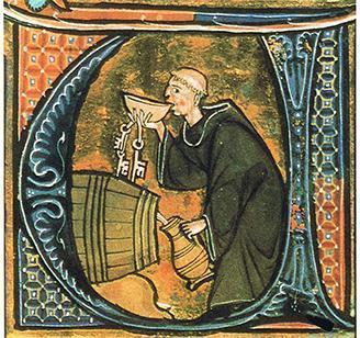 A cellarer tasting his wine. Illumination in a manuscript from the late 13th century