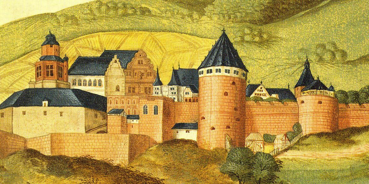 Schloss Heidelberg um 1570, aus: Thesaurus Pictuarum von Marcus zum Lamm