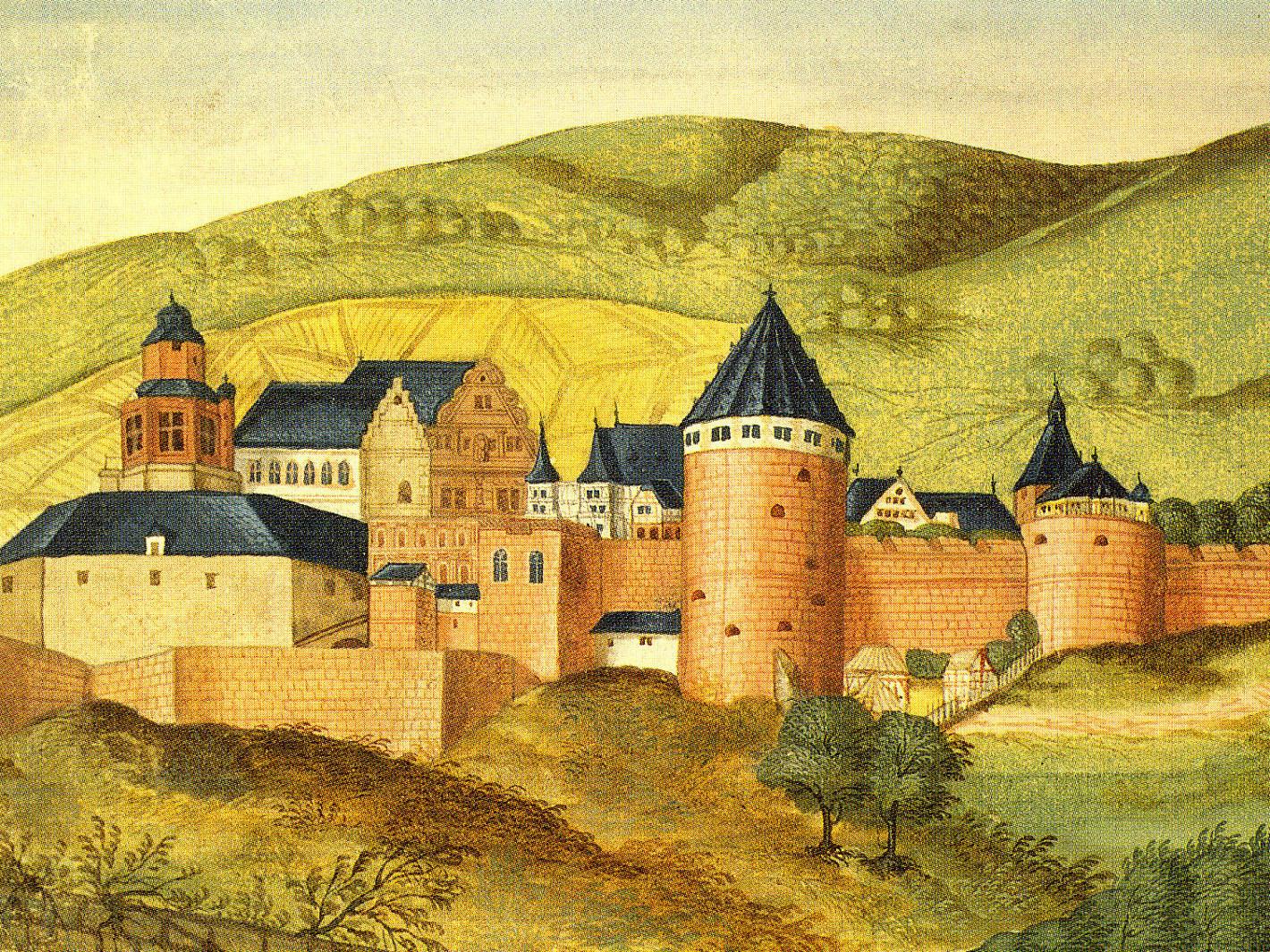Schloss Heidelberg um 1570, aus: Thesaurus Pictuarum von Marcus zum Lamm