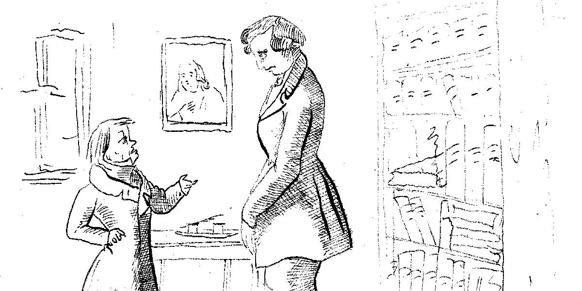 Kloster Maulbronn, Karikatur eines Klosterschülers, um 1840: "Professor Baeumlein liest mir die Leviten.“ 