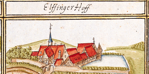 Die Grangie Elfinger Hof: kolorierte Federzeichnung von Andreas Kieser, 1683