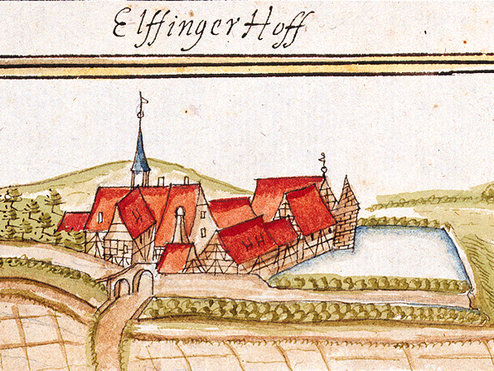 Die Grangie Elfinger Hof: kolorierte Federzeichnung von Andreas Kieser, 1683