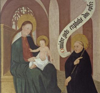 Bernhard von Clairvaux kneels before the enthroned Mother Mary with child and offers the church, left inside wing of founders panel, oil on wood, 1450