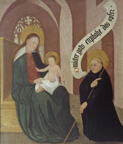 Bernhard von Clairvaux kneels before the enthroned Mother Mary with child and offers the church, left inside wing of founders panel, oil on wood, 1450