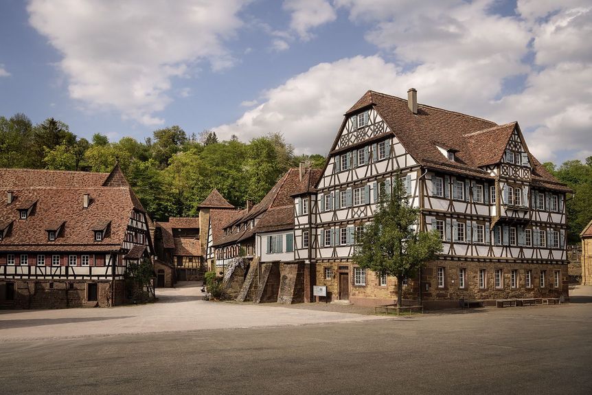Mehrere große Fachwerkhäuser gruppiert um einen weiten Hof, im Hintergrund Bäume