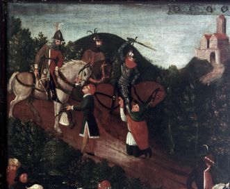 Attack on travelers, right outside wing of founders panel, oil on wood, 1450