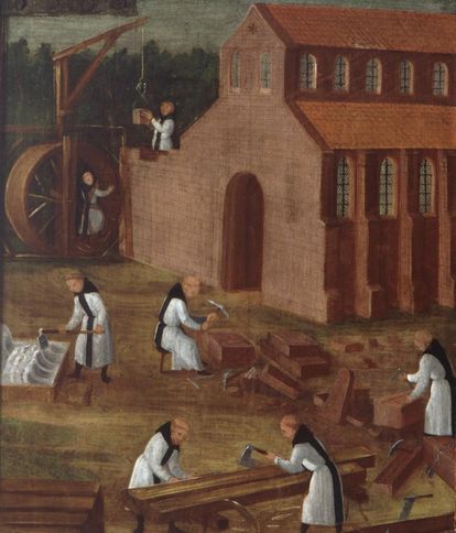Zisterzienser (in weißer Mönchskutte) beim Bau der Kirche, linker Außenteil des Flügels der Stiftungstafel, Öl auf Holz, 1450