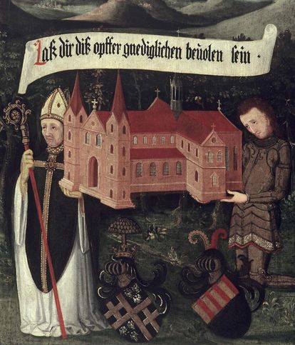 Bishop Gunther von Speyer and Sir Walter von Lomersheim appeal to Mary to accept the church as an offering, right inside of founders panel, oil on wood, 1450