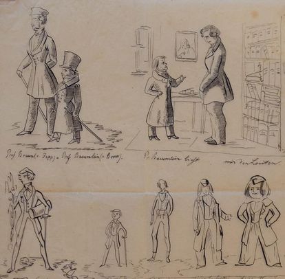 19th-century caricatures of students and teachers, on display in the information center at Maulbronn Monastery