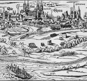  View of Speyer, section of a woodcut from Sebastian Münster's "Cosmographia universalis", Basel 1550